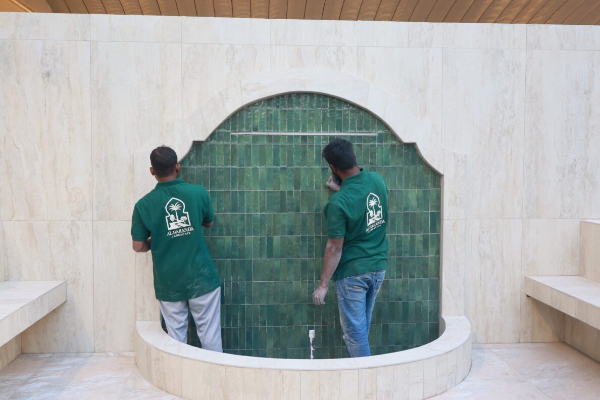 Modern Moroccan Water Fountain with Seating & Planters