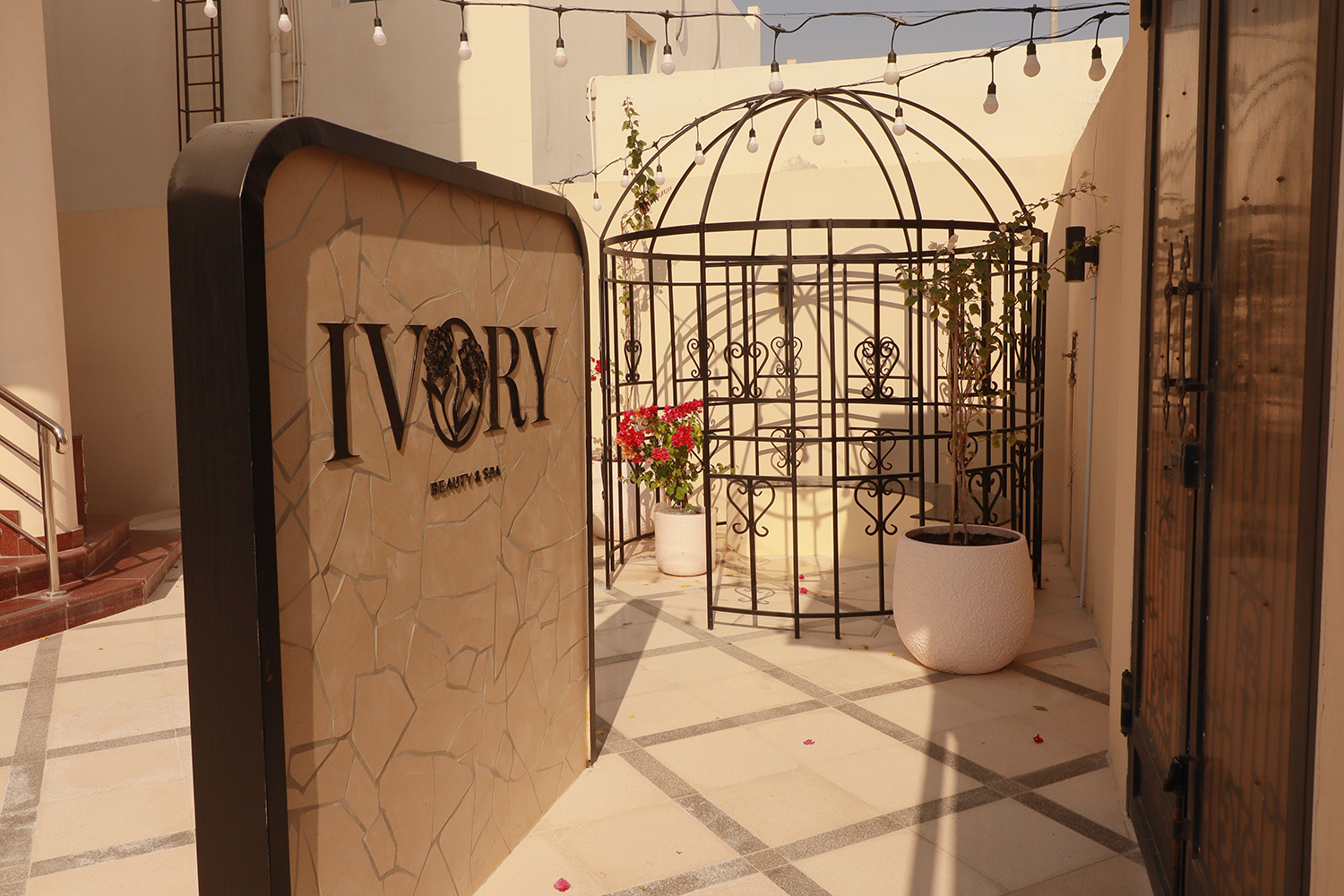 Ivory Beauty & Spa Gazebo with seating, Signage Wall, Trellis & Tiling